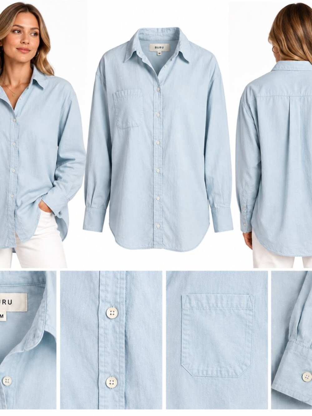 BURU Women M Blue Oversized Button Down Shirt Coastal Minimalist Relaxed Pocket